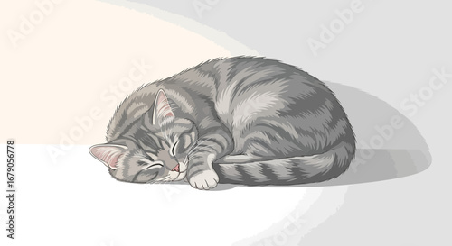 Charming digital illustration of a tranquil tabby cat curled up and napping