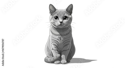 Charming gray cat with captivating eyes posing gracefully in digital illustration
