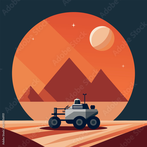 Flat illustration of a mars rover exploring a rocky alien planet surface