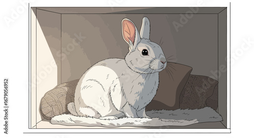 Charming Illustration of a White Rabbit Relaxing Indoors Comfortably