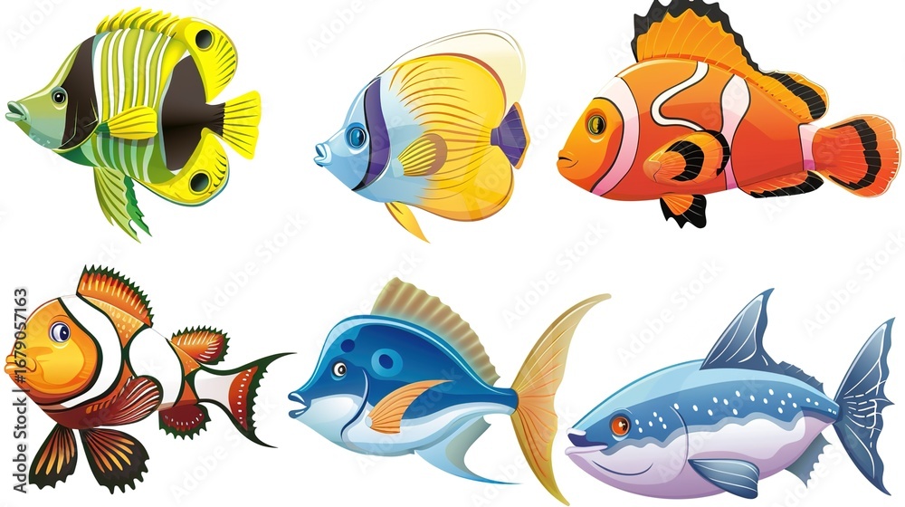 Fototapeta premium Various Fish on a White Background – a vibrant and playful visual. The colorful fish set against a white backdrop create a lively and eye-catching composition.