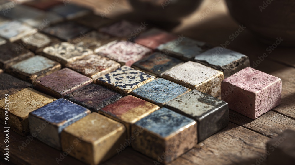 Aesthetic editorial close-up of a batch of encaustic tiles in muted jewel tones laid out in preparation for installation, dark wooden table beneath