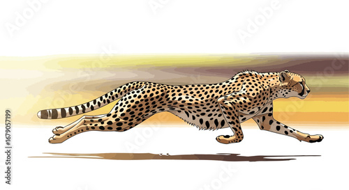 Cheetah poised for a fast run across the savanna, stylized illustration
