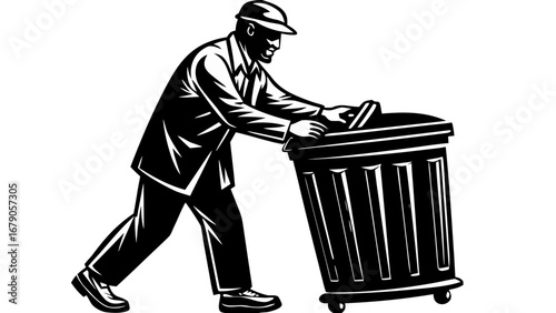 Trash Collector with Bin Silhouetted Vector Image