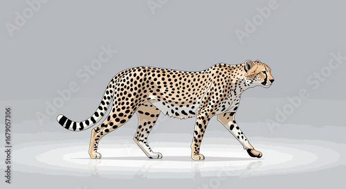 Cheetah with distinctive spots strolling gracefully across the scene
