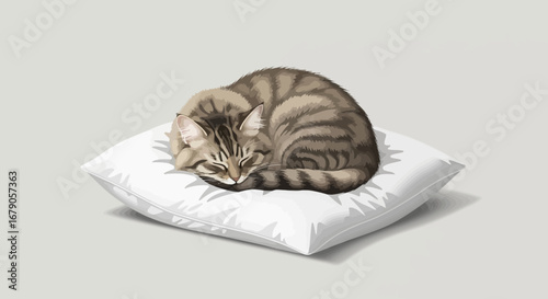 Comfortable feline slumbering peacefully upon a soft, fluffy pillow