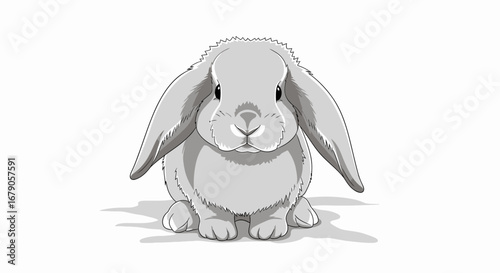 Delightful grayscale illustration of a charming lop-eared bunny rabbit