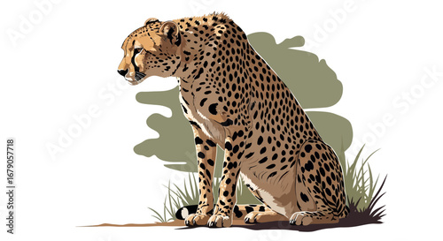 Detailed illustration of a cheetah seated with contemplative expression
