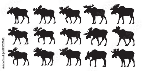 Collection of black moose silhouettes in various poses on a white background