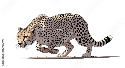 Dynamic digital illustration of a cheetah poised for a sprint, isolated view