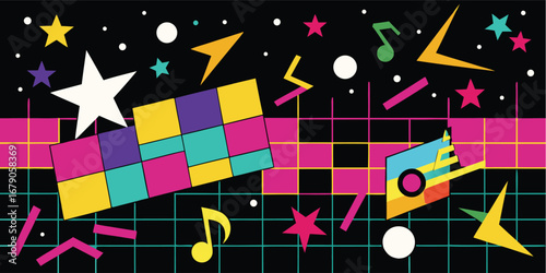 Retro 1980s inspired graphic design featuring neon geometric shapes stars musical notes and a checkered pattern on a black background with a grid