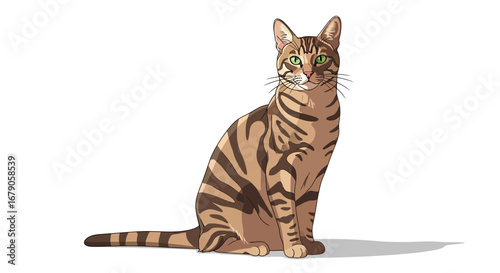 Elegant Cartoon Striped Cat Illustration with Bright Green Eyes