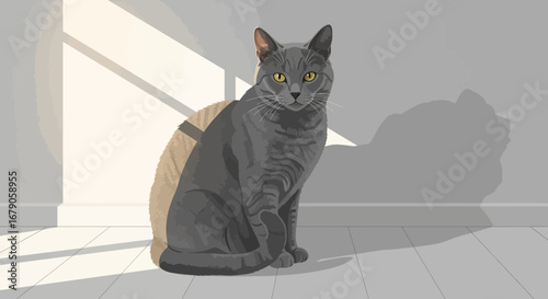 Elegant gray cat illustration basking in sunlight near interior wall