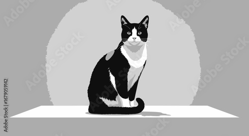 Elegant monochromatic feline portrait against a minimalist backdrop scene