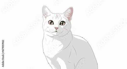 Elegant minimalistic illustration of a serene, inquisitive white cat