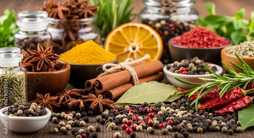 A vibrant assortment of aromatic spices and herbs, including star anise, cinnamon, turmeric, and peppercorns, displayed on a rustic wooden surface, creating a warm and inviting culinary atmosphere