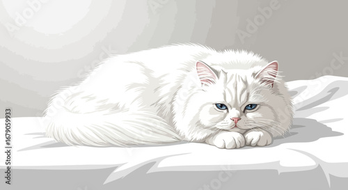 Elegant white cat with striking blue eyes resting serenely on cushion