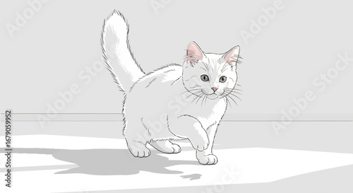 Elegant white fluffy cat stepping forward with bright eyes animation style