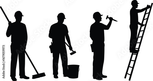 Silhouettes of construction workers using tools, climbing ladders, cleaning floors, performing maintenance tasks, industrial labor, safety gear, teamwork, isolated on white background.