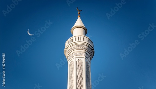 a beautifully detailed white mosque minaret stands tall against a clear sky with intricate architectural designs and a crescent moon at the top
