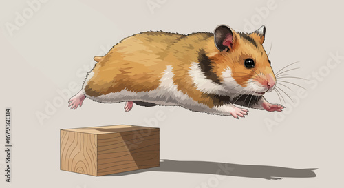 Illustrated golden hamster mid-leap over a wooden block, rendered cartoonish