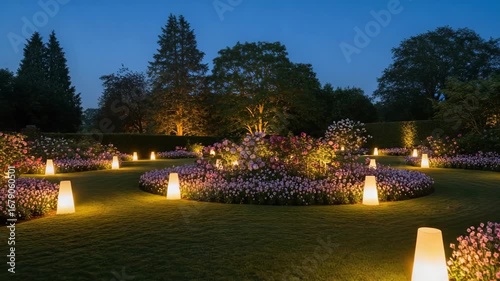 Tranquil Garden at Dusk with Illuminated Pathway and Flowers