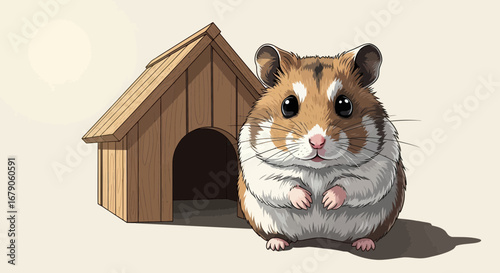 Illustrative hamster with its wooden house, charming pet concept art