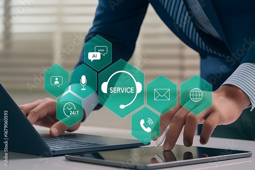 businessman working on laptop call center icon
