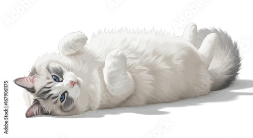 Ragdoll cat lying on its back with playful attitude, vector illustration