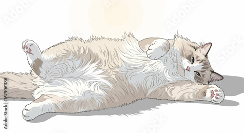 Ragdoll cat lying on its back with paws in the air, isolated illustration