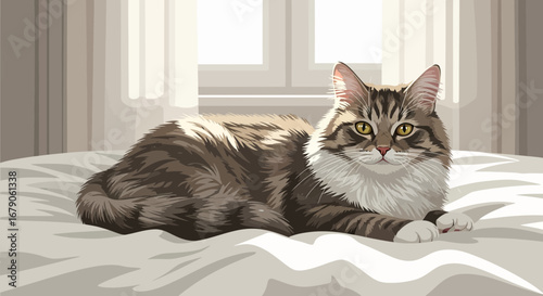 Relaxed feline illustration, tabby cat in vector art lying on a bed