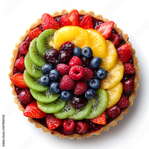 Vibrant fruit tart with a colorful medley of fresh berries and sliced fruits