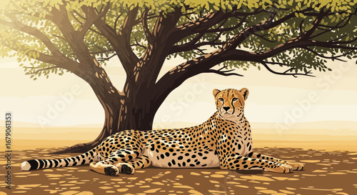 Resting cheetah beneath acacia tree in savanna wildlife illustration