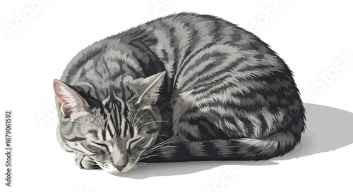 Silver tabby cat curled up for a nap, peaceful rest and relaxation