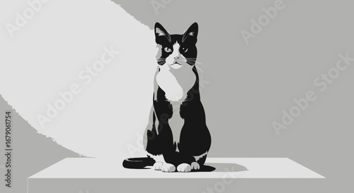 Striking monochrome illustration of a stately black and white feline
