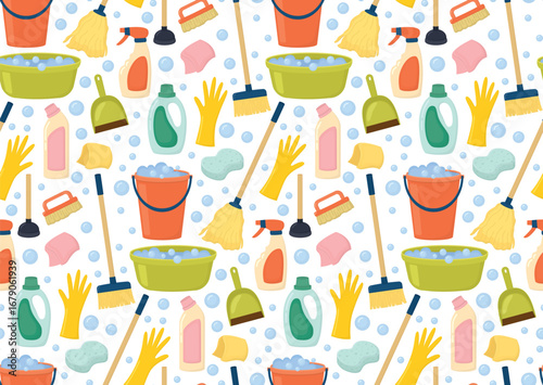 Seamless cleaning tools and supplies pattern. Background with mop, broom, gloves, brushes, dustpan, cleaning spray, bucket, plunger and soap bubbles