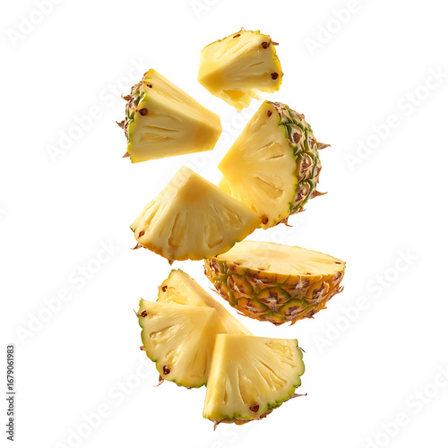 Fresh pineapple slices falling and isolated on transparent background