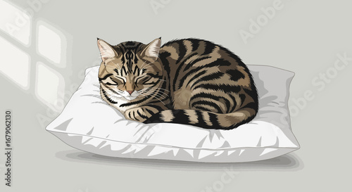 Vector illustration of a peaceful tabby cat sleeping on a white pillow