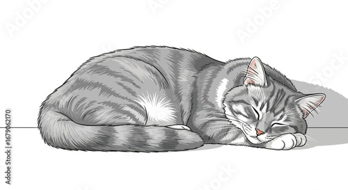 Vector illustration of a tabby cat sweetly napping, artistic lines and details