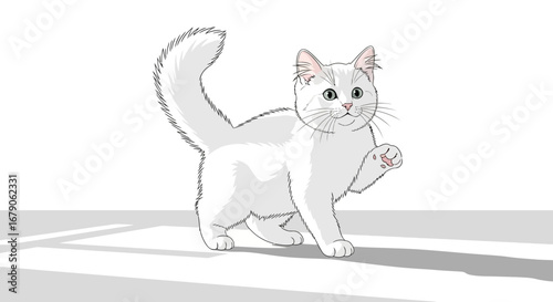 Whimsical illustration of a playful white kitten waving its paw friendly