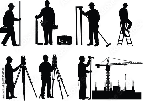 Silhouettes of Construction Workers, Surveyors, Engineers with Tools and Equipment, Working on Building Site with Cranes, Maintenance, Measurement, and Renovation Task Illustration