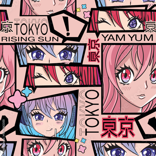 Abstract seamless pattern with anime girl. Kawaii woman repeat print. Girlish trendy style design with. girlish fashion repeat print.