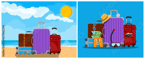 Travel suitcases with accessories for vacation, summer journey concept. Flat style vector set collection illustration for web design travel agency.