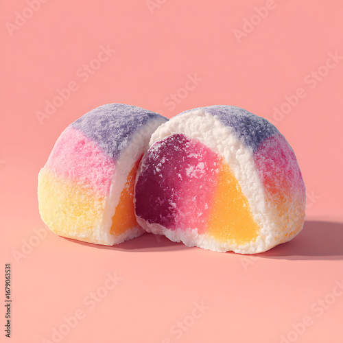 Vibrant rainbow colored gummy candies on a pink background