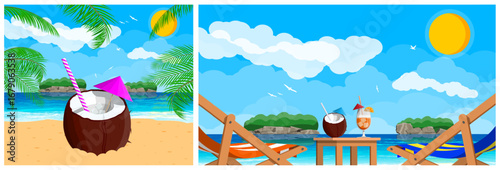 Coconut drink and fresh cocktail on a beach. Summer resort scene with tropical beverage. Flat style vector.