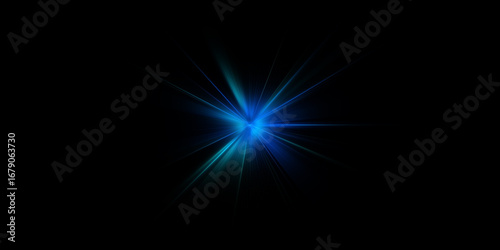 A radiant blue light burst against a black background, creating a dramatic visual effect.