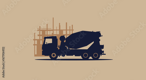 Silhouette of a Concrete Mixer Truck at Work.