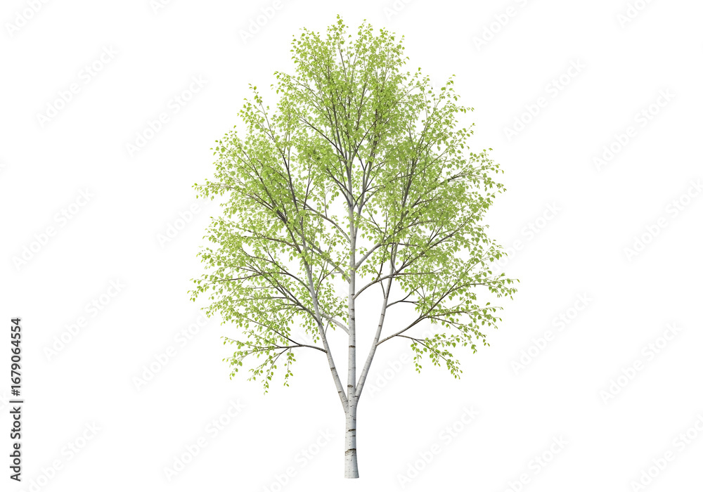 Obraz premium A full shot of a birch tree with vibrant spring foliage against a dark background.
