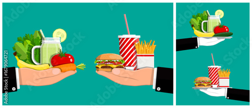 Hand offering healthy food versus unhealthy food choice. Healthy lifestyle diet concept. Balancing nutrition with fast food.