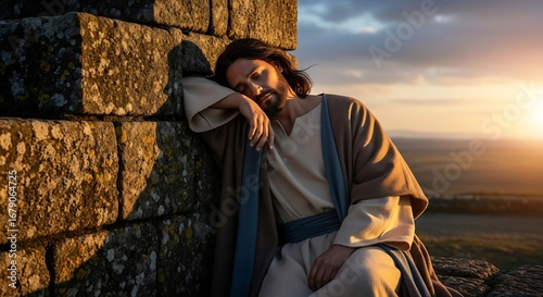 A weary man, resembling Jesus, leans against an ancient stone wall at sunset, appearing to rest or sleep in a moment of quiet contemplation.